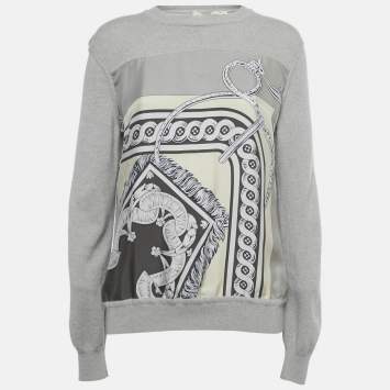 Pre Owned Hermes Grey Print Silk and Cashmere Crewneck Sweatshirt M
