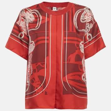 Pre Owned Hermes Red Printed Silk Top L