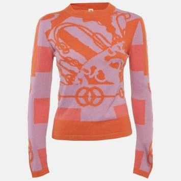 Pre Owned Hermes Orange/Purple Cliquetis Intarsia Cashmere Knit S