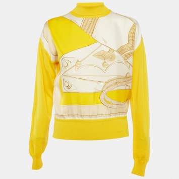 Pre Owned Hermes Yellow Silk & Wool Twillaine High Neck Sweater S