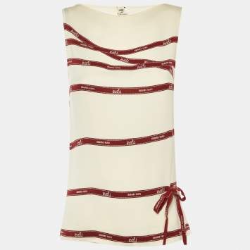 Pre Owned Hermes Cream Bolduc Ribbon Print Silk Sleeveless Top S