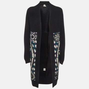Pre Owned Hermes Black Printed Cotton and Purl Knit Long Cardigan S