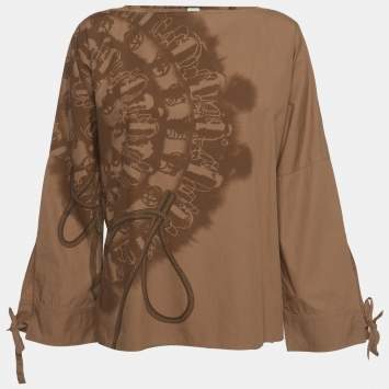 مملوكة مسبقًا بلوزة هيرمس بطبعة جلد قطن بني مقاس صغير (سمول)