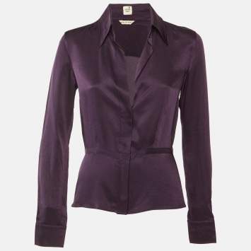 Pre Owned Hermes Purple Silk Button Front Peplum Blouse S/M