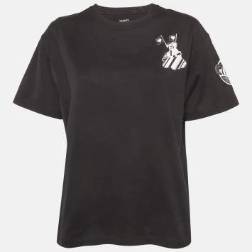 مملوكة مسبقًا تي شيرت قطن مطبوع قوس قزح فوبورغ هيرميس أسود مقاس متوسط (ميديوم)