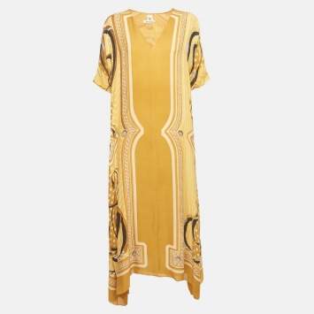 Pre Owned Hermes Brown Printed Crepe V-Neck Kaftan S 