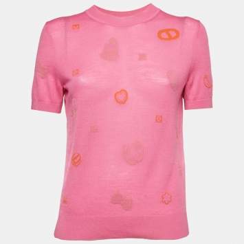 Pre Owned Hermès Pink Candy Libris Wool Knit Short-Sleeve Sweater M