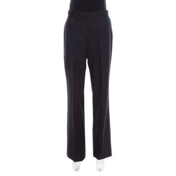 Pre Owned Hermes Navy Blue Cotton High Rise Wide Leg Trousers M