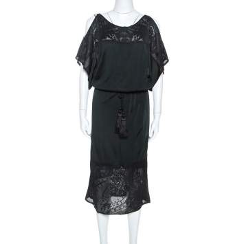 Pre Owned Hermes Bottle Green Crochet Knit Detail Tasseled Drawstring Dress M