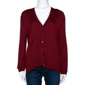 Pre Owned Hermès Burgundy Cashmere Silk Button Front Cardigan M