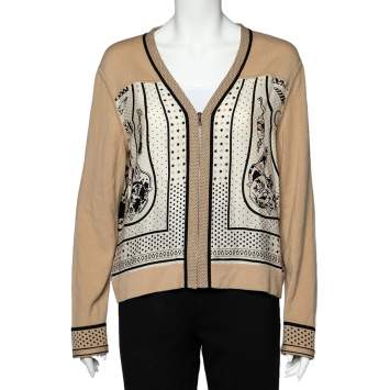 Pre Owned Hermes Camel Brown Printed Silk & Wool Paneled Zip Front Cardigan L