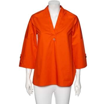 Pre Owned Hermes Orange Cotton V-Neck Top S
