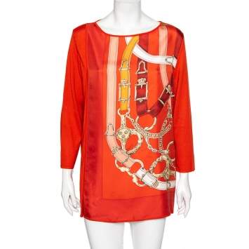 Pre Owned Hermes Burnt Orange Printed Silk & Knit Long Sleeve Top L