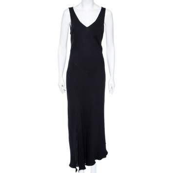 Pre Owned Hermés Black Silk Crepe Sleeveless V-neck Maxi Dress M