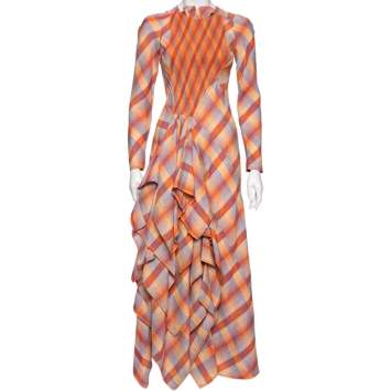 Pre Owned Hermes Orange Checkered Linen Asymmetric Ruffled Dress S 