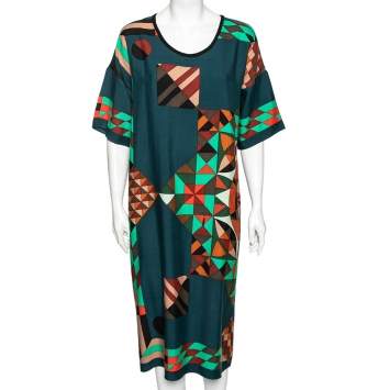 Pre Owned Hermes Teal Blue Geometric Printed Cashmere Dress M