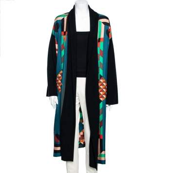 مملوكة مسبقًا Hermes Multicolor Printed Silk & Knit Open Front Cardigan M