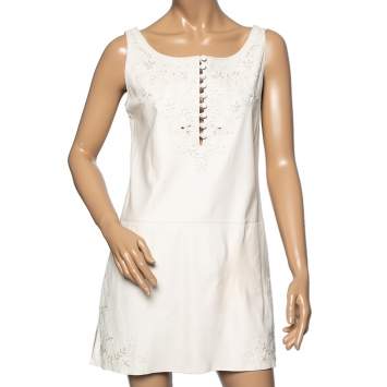 Pre Owned Hermes Cream Leather Floral Embroidered Sleeveless Mini Dress M