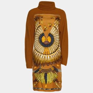 Pre Owned Hermes Brown Printed Silk Twill & Alpaca Knit Long Sleeve Dress S