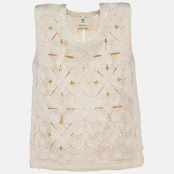 Pre Owned Hermès Off- White Rosette Crochet Knit Sleeveless Top S