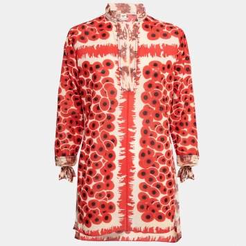 Pre Owned Hermes Red Printed Cotton & Silk V-Neck Tunic M