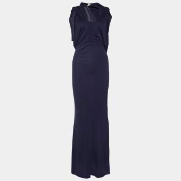 Pre Owned Hermès Deep Purple Jersey Open Back Knit Maxi Dress M
