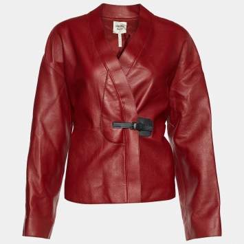 مملوكة مسبقًا Hermes Burgundy Leather Strap Detail Jacket L