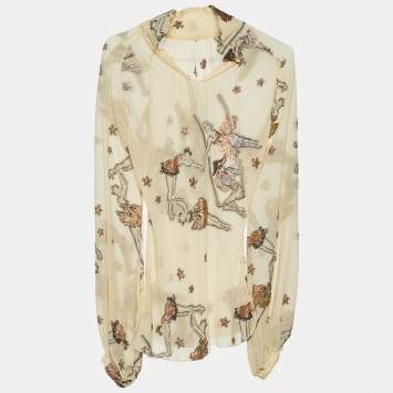 Pre Owned Hermes Beige Ballerina Jacquard Silk Long Sleeve Blouse S