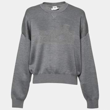 Pre Owned Hermes Grey Intarsia Knit Cashmere & Silk Crewneck Sweatshirt L