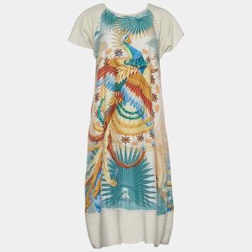 Pre Owned Hermes Cream Mythiques Phoenix Print Silk & Wool Knit Shift Dress M