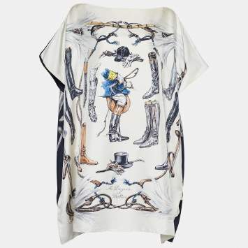 Pre Owned Hermes Ivory A Propos de Bottes Print Silk Tunic One Size