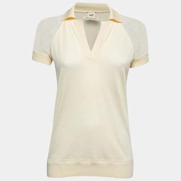 Pre Owned Hermes Cream Cashmere V-Neck Polo T-Shirt S