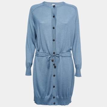 Pre Owned Hermes Blue Cashmere & Silk Drawstring Detail Cardigan Dress M