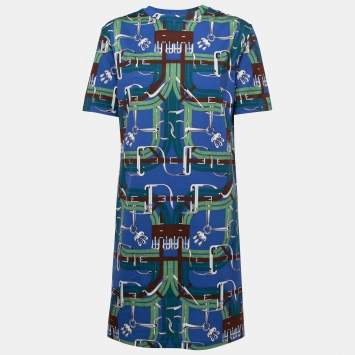 Pre Owned Hermes Blue Printed Cotton T-Shirt Dress M