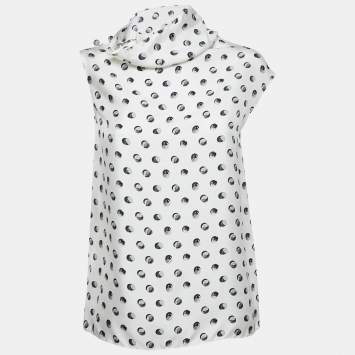 Pre Owned Hermes White Printed Twill Silk Cowl Neck Top S