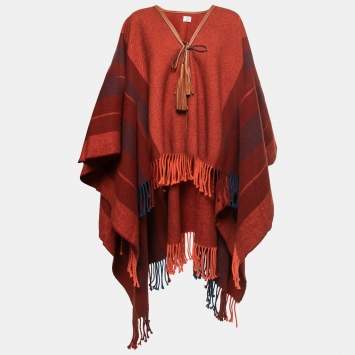 Pre Owned Hermes Brown/Orange Striped Wool and Cashmere Rocabar Poncho One Size