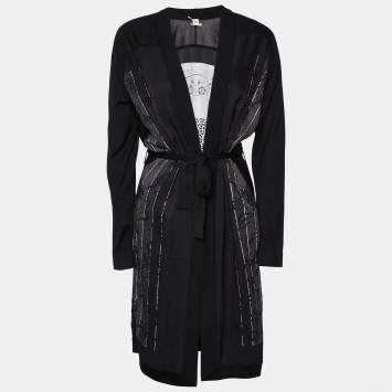 Pre Owned Hermes Black Jungle Love Printed Silk & Knit Belted Long Cardigan S