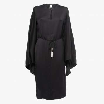 Pre Owned Hermes Black Crepe Cape Effect Belted Midi Dress M