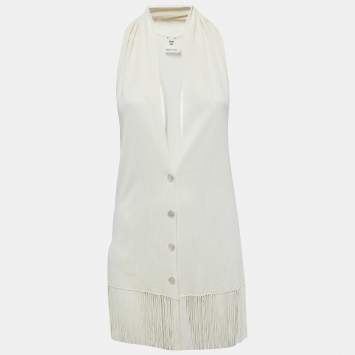 Pre Owned Hermes Cream Knit Button Front Fringed Sleeveless Cardigan S