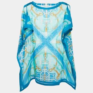 مملوكة مسبقًا Hermes Blue Belt Print Cotton Side Buttoned Kaftan Tunic Top One Size