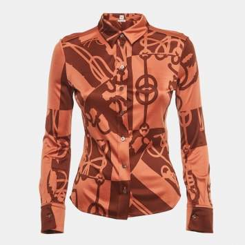 Pre Owned Hermes Red/Brown Printed Jersey Shirt S