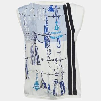 Pre Owned Hermès Cream Print Silk Knit Sleeveless Top M