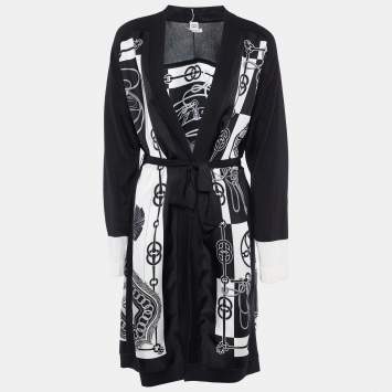 Pre Owned Hermes Black/White Printed Silk & Knit Belted Cardigan M