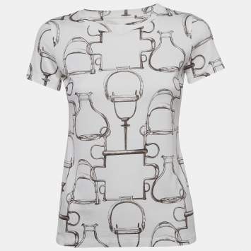 Pre Owned Hermès White Saddle Printed Cotton Crew Neck T-Shirt S