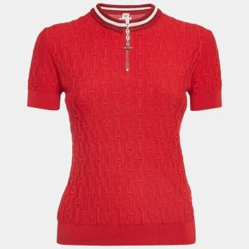 Pre Owned Hermès Red Textured Knit  Chaines d' Ancre Zipper Top S