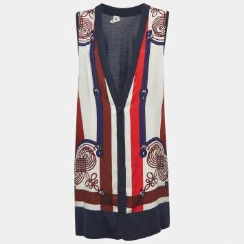 Hermès Navy Blue Print Silk and Cashmere Knit Sleeveless Buttoned Cardigan M