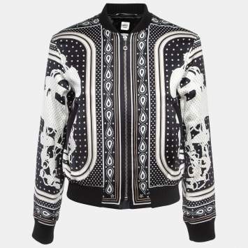 Pre Owned Hermès Black Print Silk Satin Zip Front Biker Jacket S