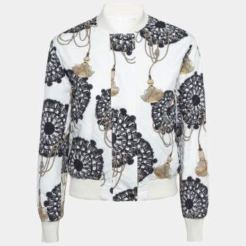Hermes White Print Cotton Zip Front Biker Jacket S