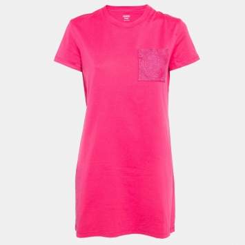 Pre Owned Hermès Pink Embroidered Pocket Cotton Knit Mini T-Shirt Dress M