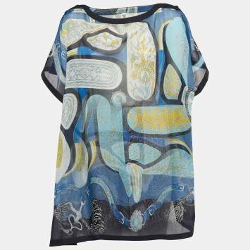 Hermes Blue Printed Sheer Cotton Kaftan Mini Dress One Size